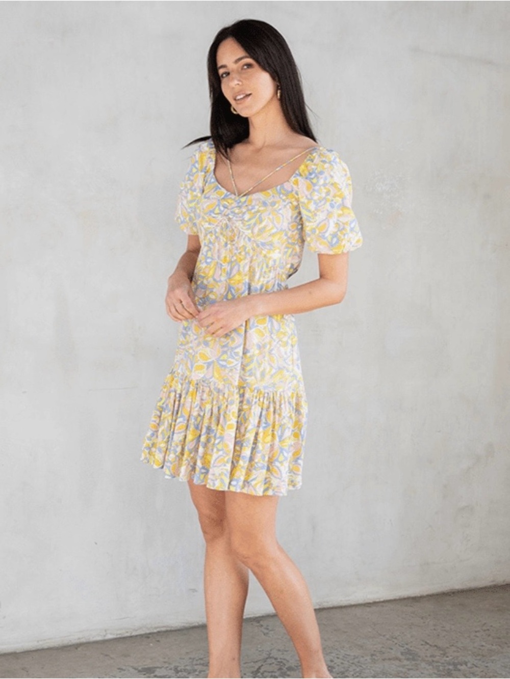 Love Stitch Cinched Tiered Yellow Paisley Puff-Sleeve Mini Dress